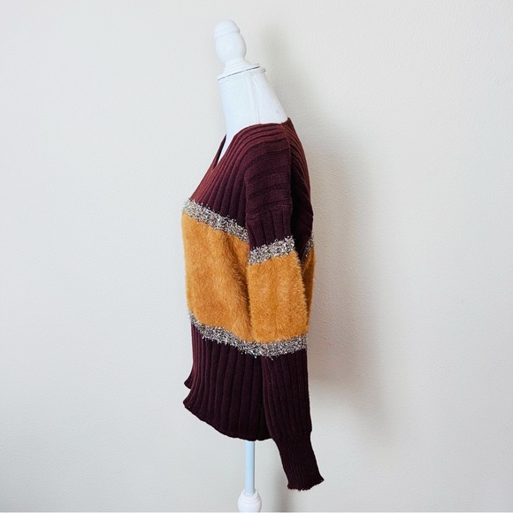 Brown, Orange & Tinsel Colorblock V-Neck Long Sleeve Knit Sweater - Picture 3 of 14
